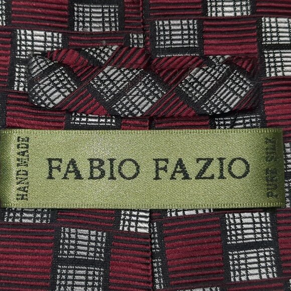 100% Silk Red with Gray Squares Fabio Fazio Necktie - Picture 3 of 5
